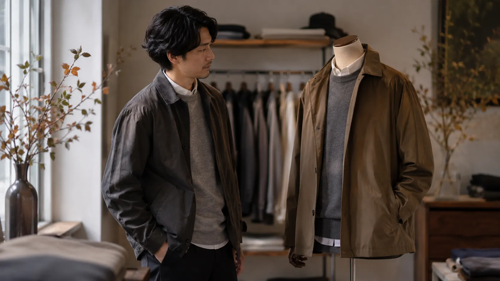 ブラウンの軽いアウターとグレーニット、白シャツを重ねた秋のマネキン買いコーデ