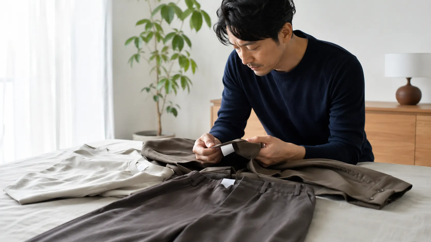 トップスやパンツ、アウターの洗濯表示を確認する日本人男性