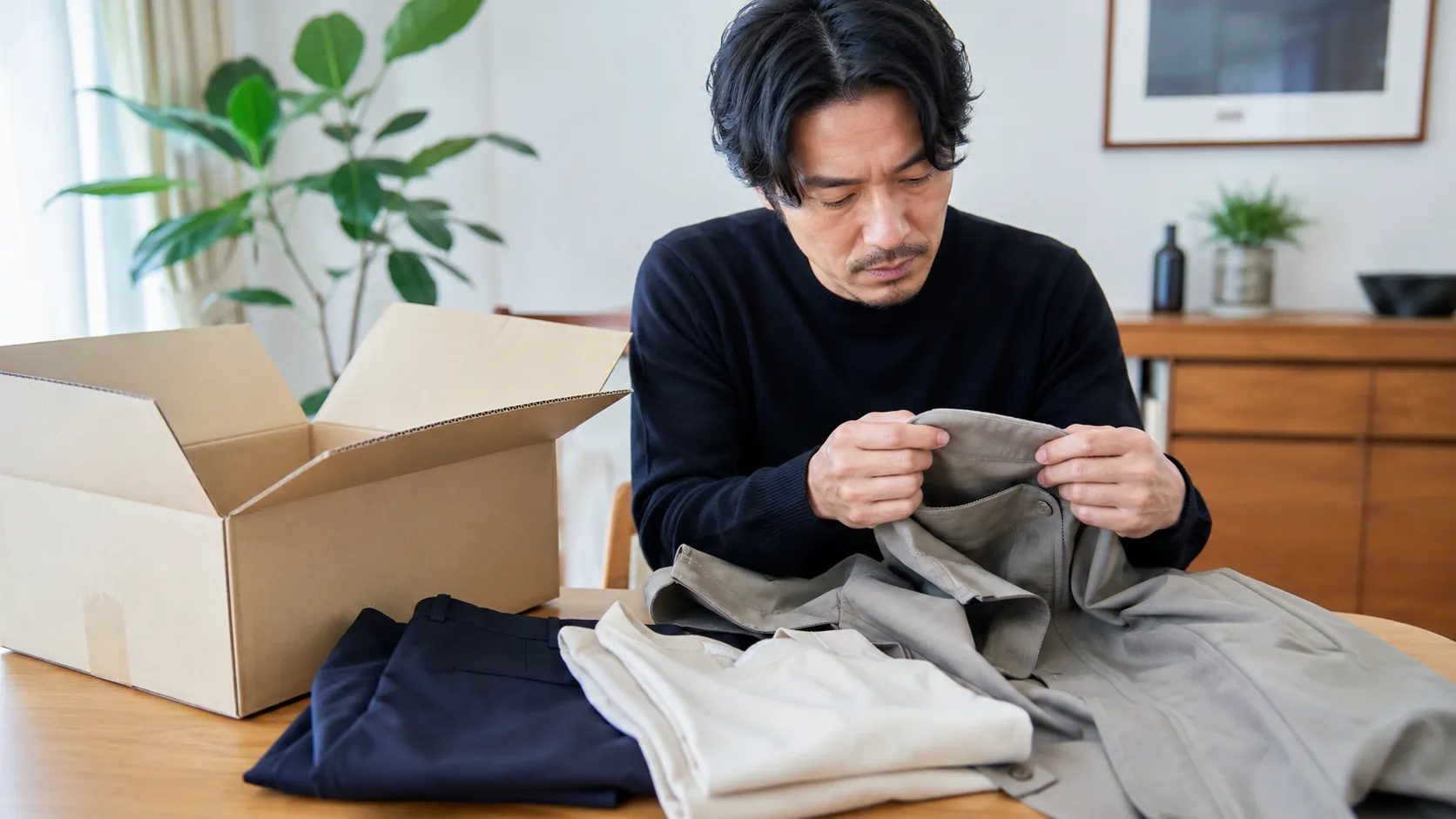 届いた洋服の縫製やボタン、汚れを確認する日本人男性
