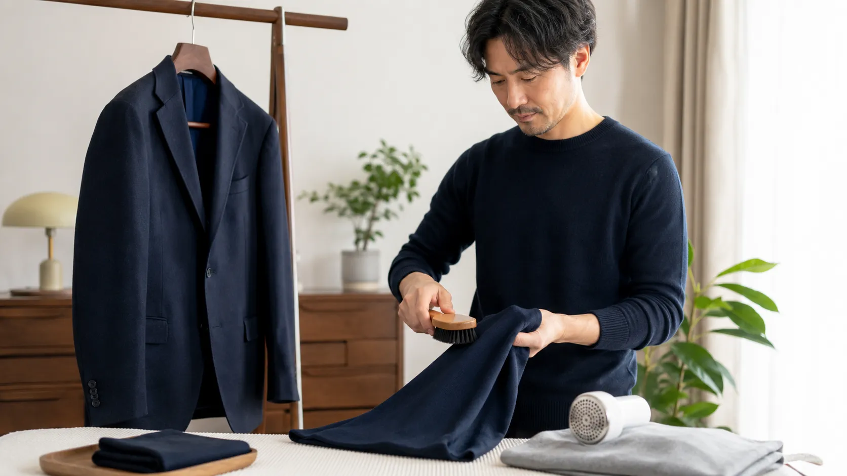 洋服をブラッシングしてシワや毛玉を手入れする日本人男性