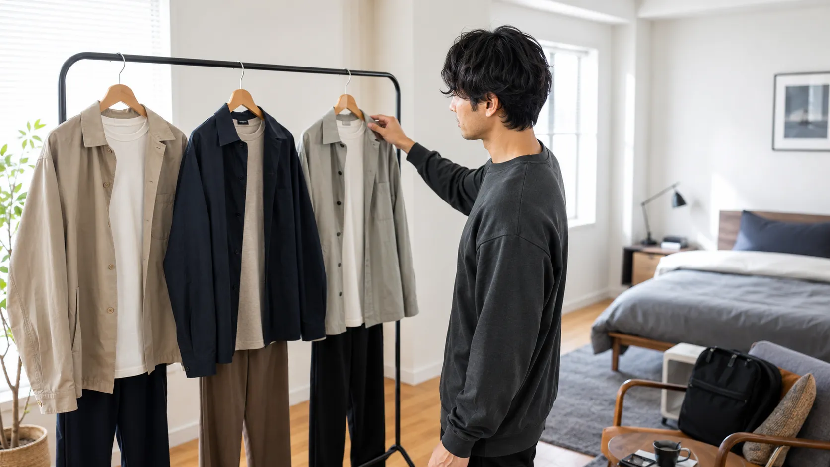 完成コーデから服を選び、朝のコーデを考える時間を短縮する日本人男性