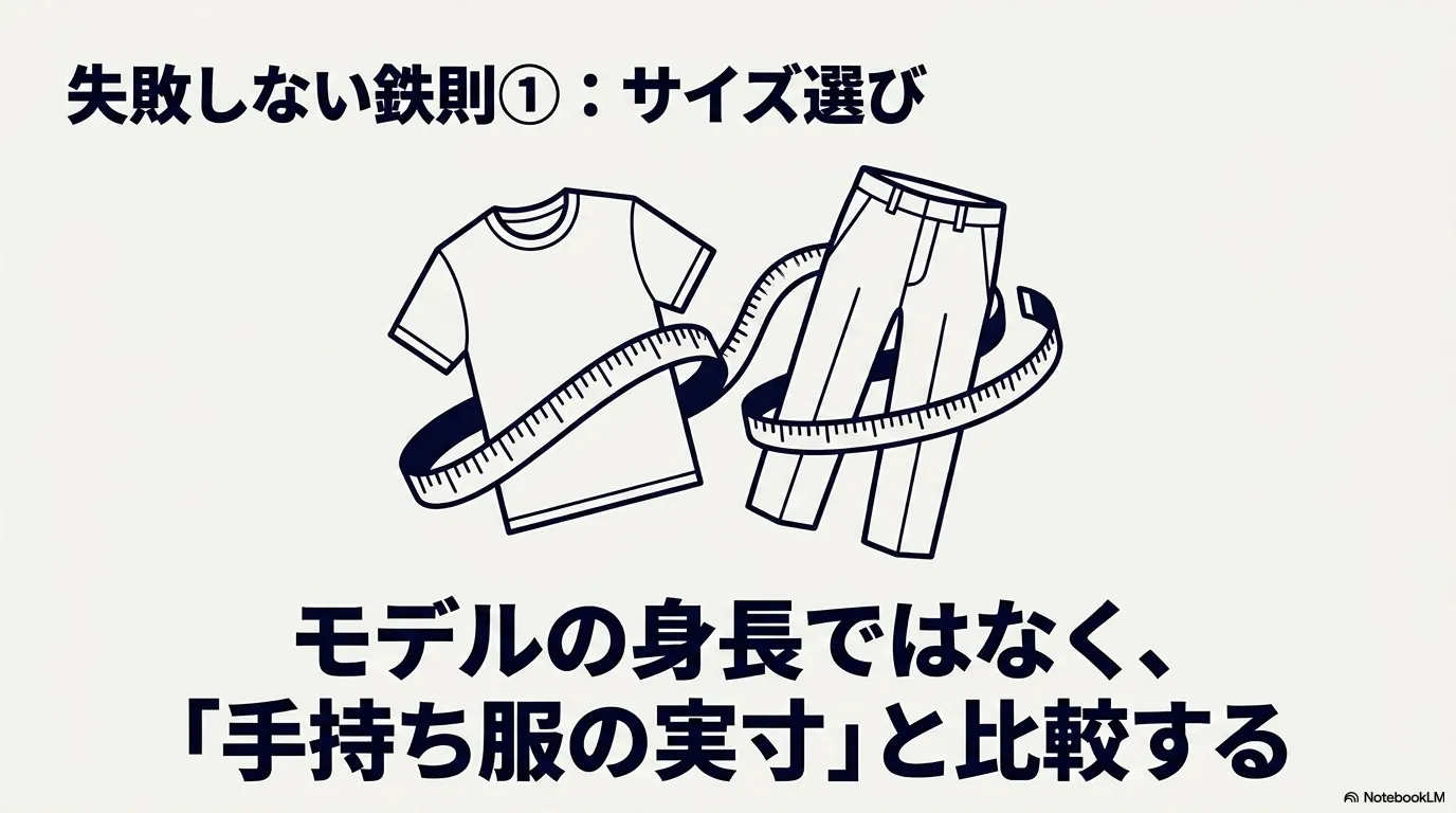 モデルの身長ではなく手持ち服の実寸と比較するサイズ選びの鉄則