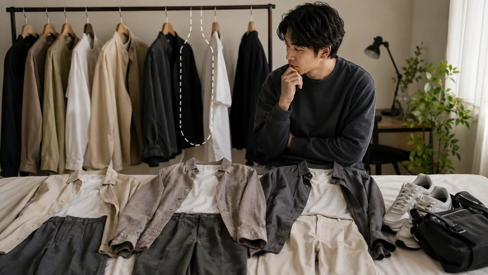 売り切れた服の代用品や手持ちアイテムを比較する日本人男性