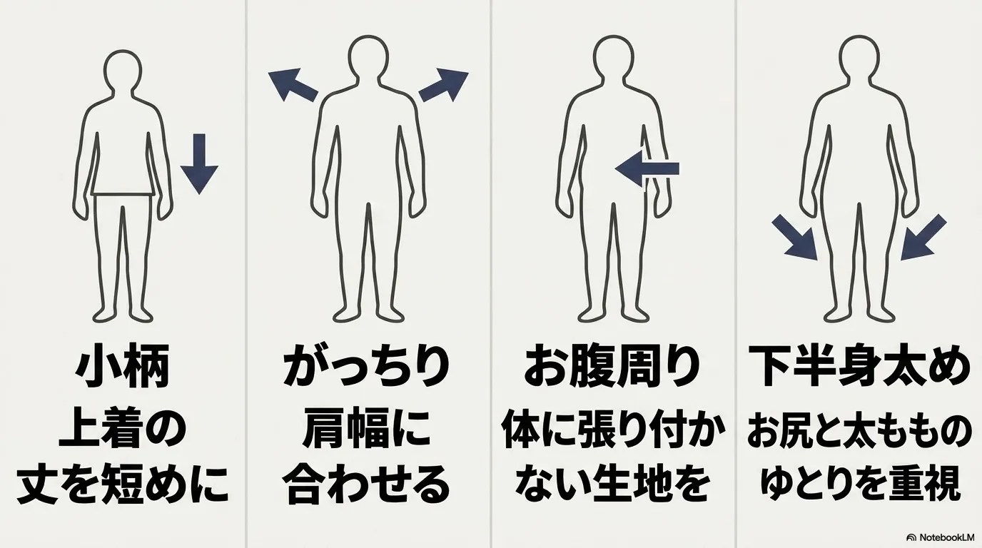 体型別のマネキン買い選び方。小柄、がっちり、お腹周り、下半身太めなど、それぞれの体型に合わせた着こなしとシルエットのコツ。