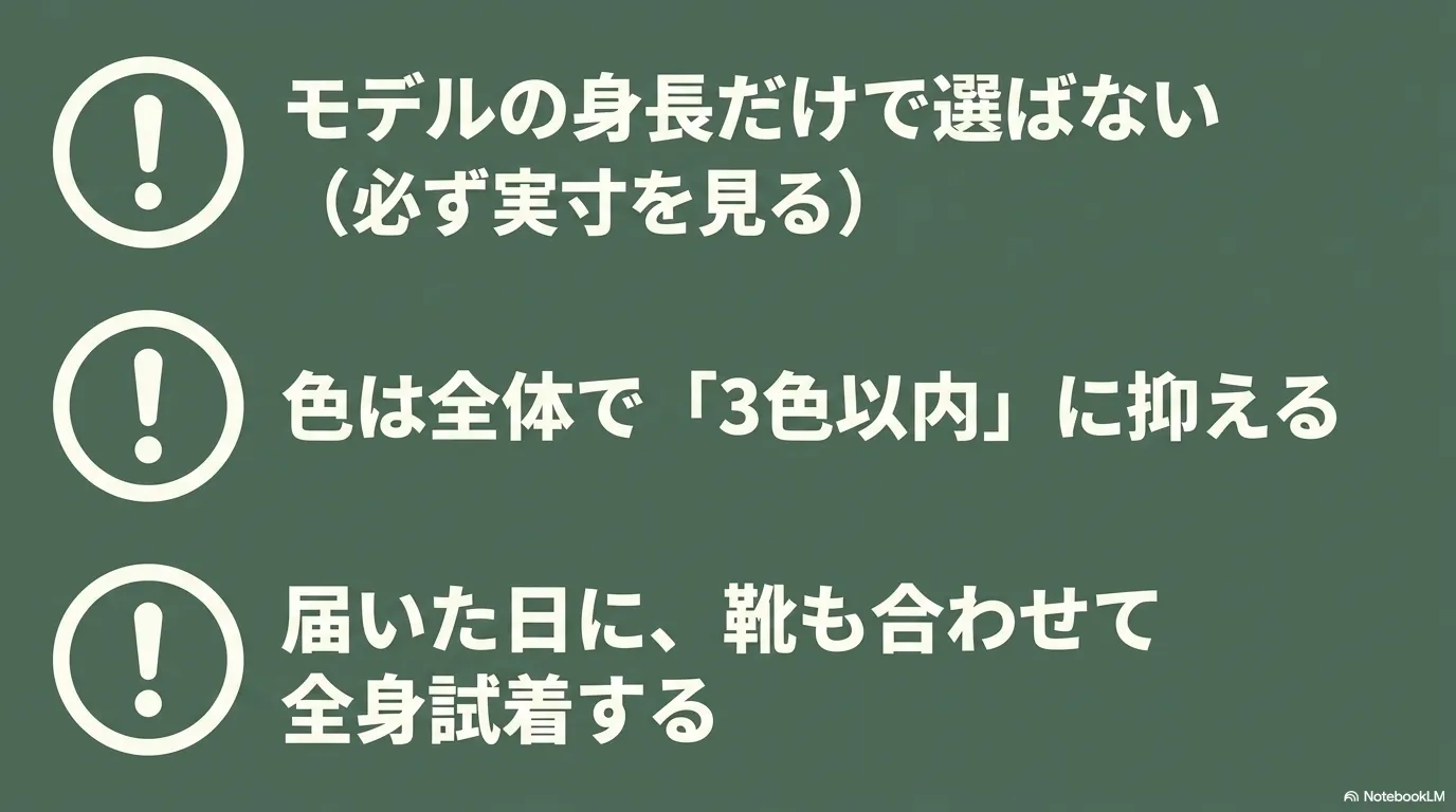 マネキン買いで失敗しないための3つの注意点。モデルの身長ではなく実寸を見ること、色数を3色以内に抑えること、靴も合わせて全身試着すること。