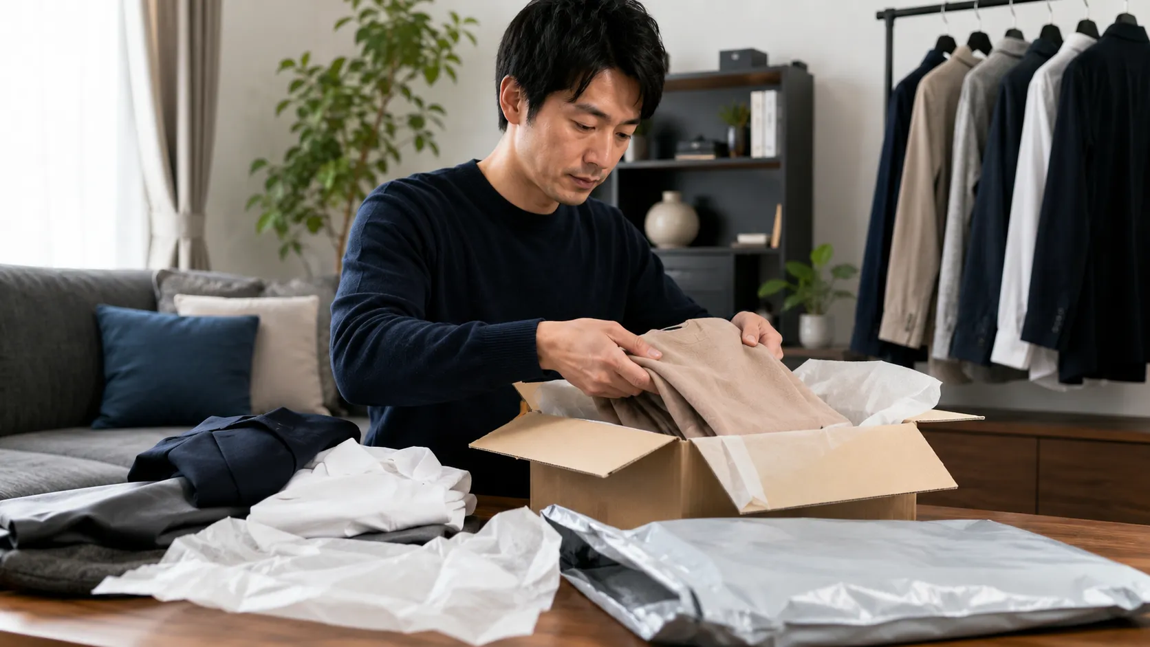 マネキン買いした洋服を返品用の箱へ梱包する日本人男性