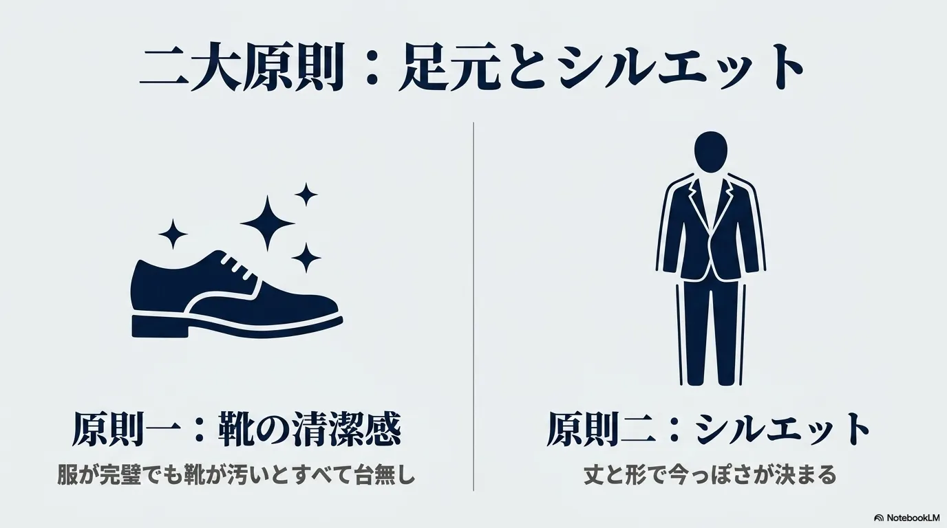 服選びの二大原則である靴の清潔感とシルエットの重要性