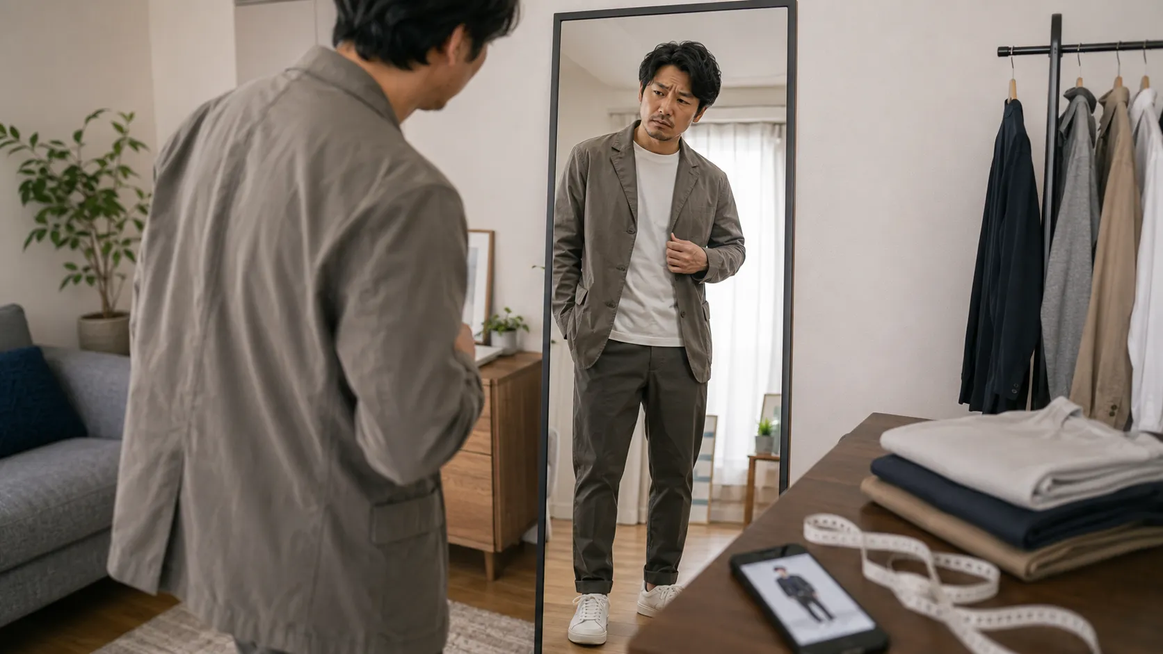 鏡の前でマネキン買いした服のサイズ感を確認する日本人男性