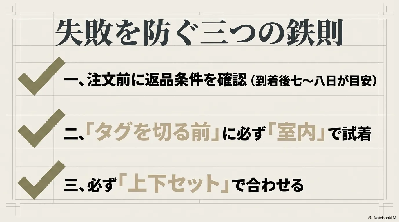 返品条件の確認、タグを切る前の試着、上下セットで合わせるというマネキン買いの失敗を防ぐ3つの鉄則