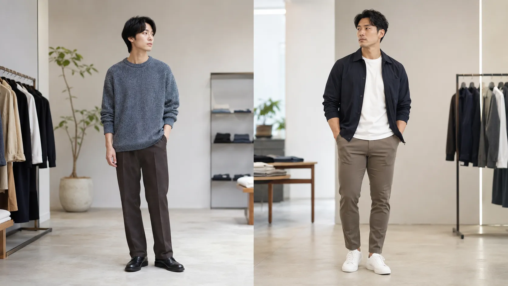 細身体型に合う厚手ニットコーデと、太ももに余裕のあるテーパードパンツを着た日本人男性の体型別比較