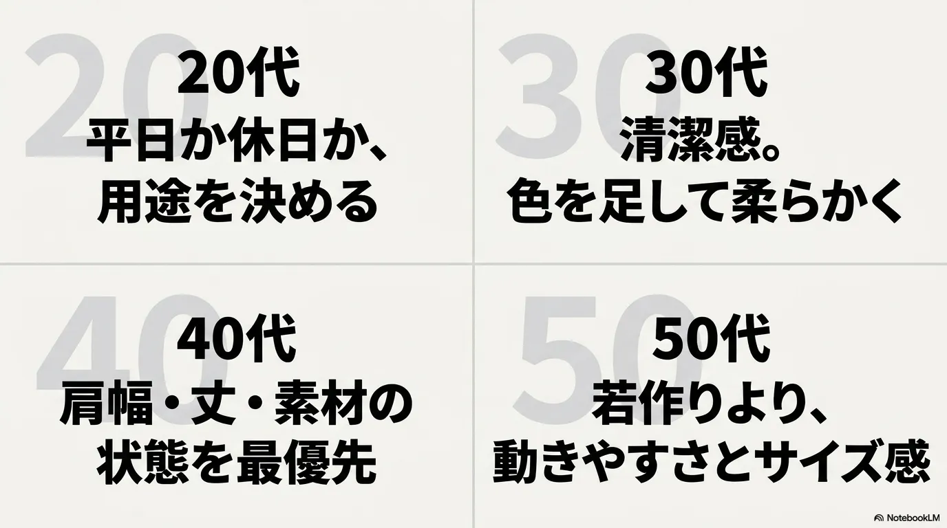 20代・30代・40代・50代の年代別マネキン買いのポイント。用途や清潔感、サイズ感など重視すべき項目の解説。