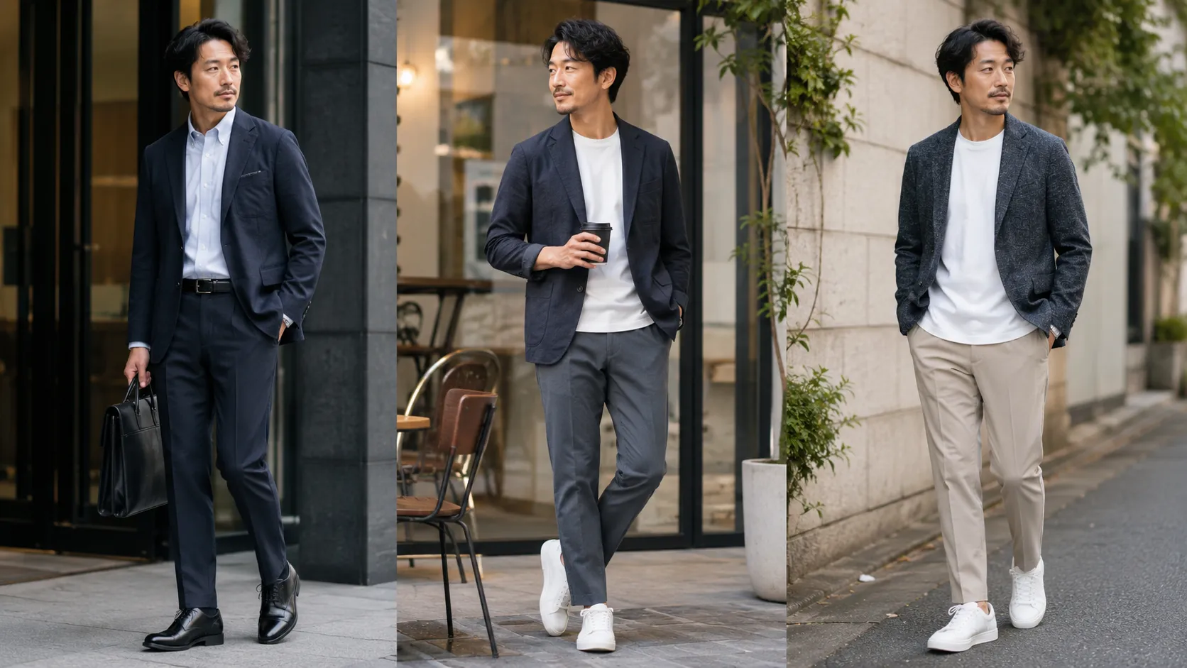 ジャケットとテーパードパンツを基本に、革靴と白スニーカーで印象を変えた30代40代メンズコーデ