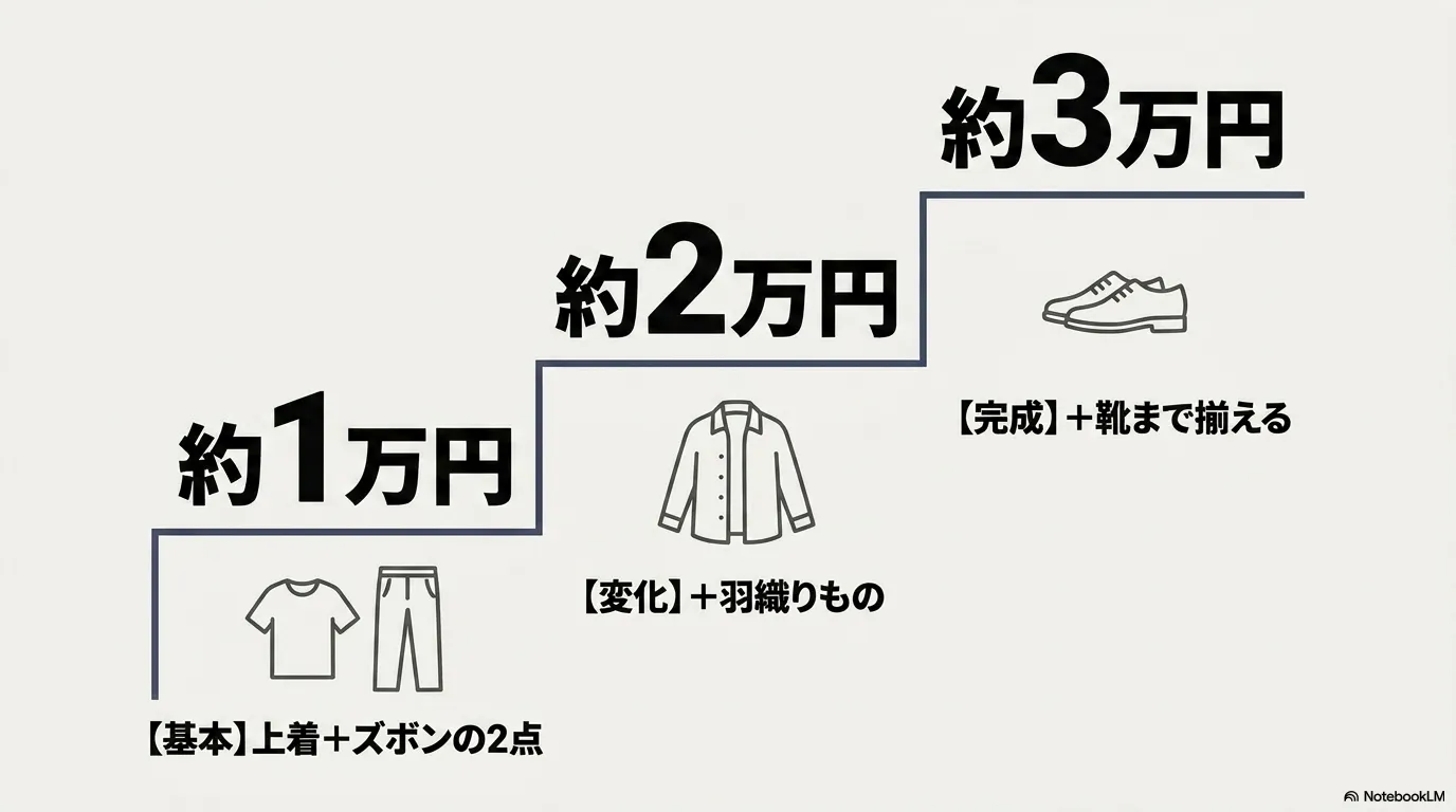 予算別のマネキン買いの目安。1万円で上着とズボンの基本セット、2万円で羽織りを追加、3万円で靴まで全身を揃える構成。