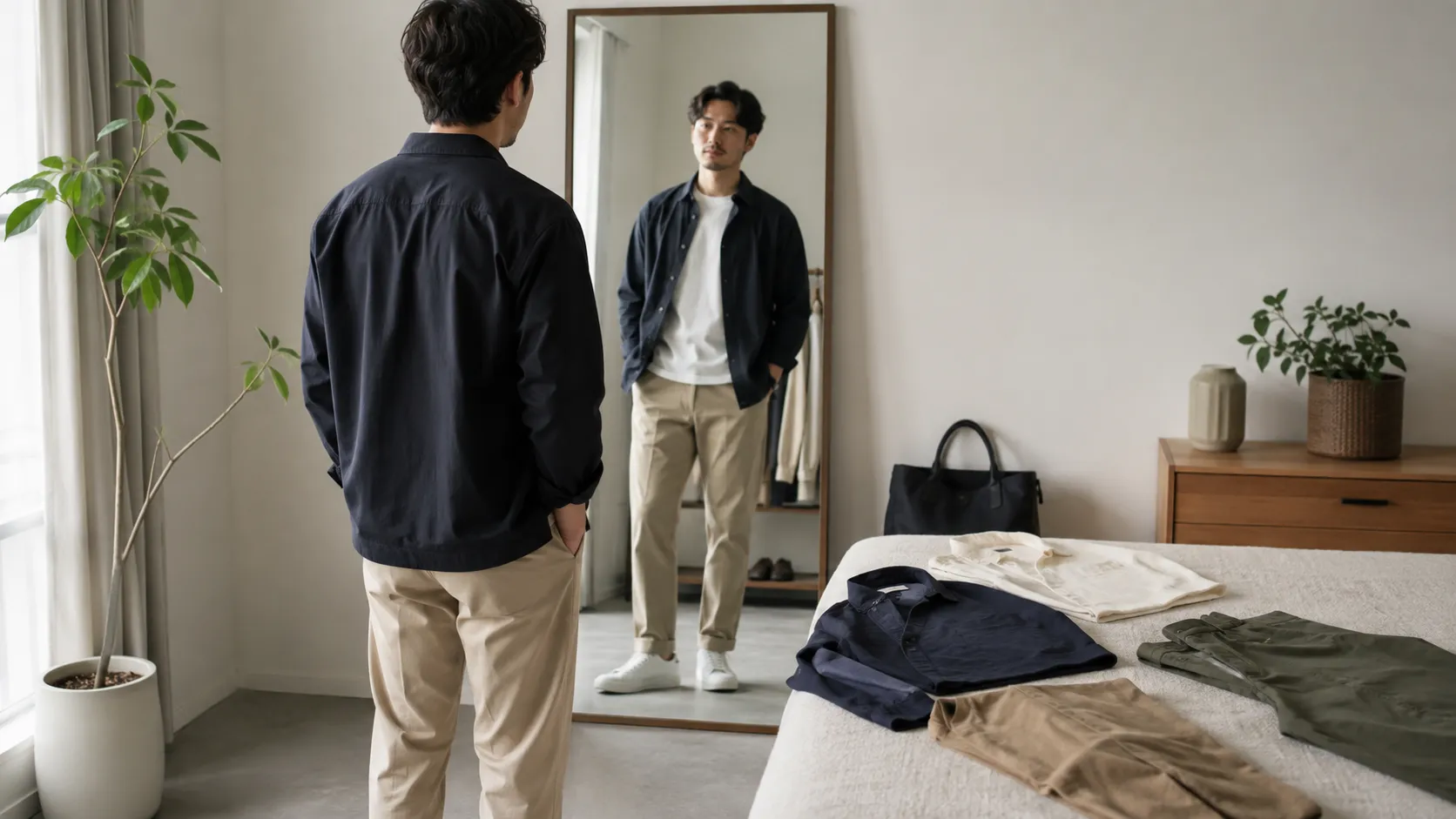 ネイビーとベージュの配色を鏡で確認し、色合わせの失敗を防ぐ日本人男性