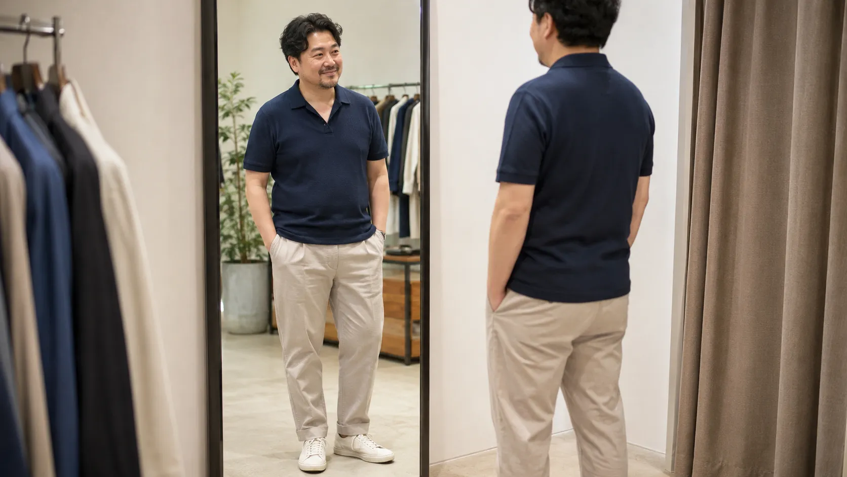 お腹まわりが気になる日本人男性が、体に張り付きにくいポロシャツとゆとりのあるパンツを試着している様子