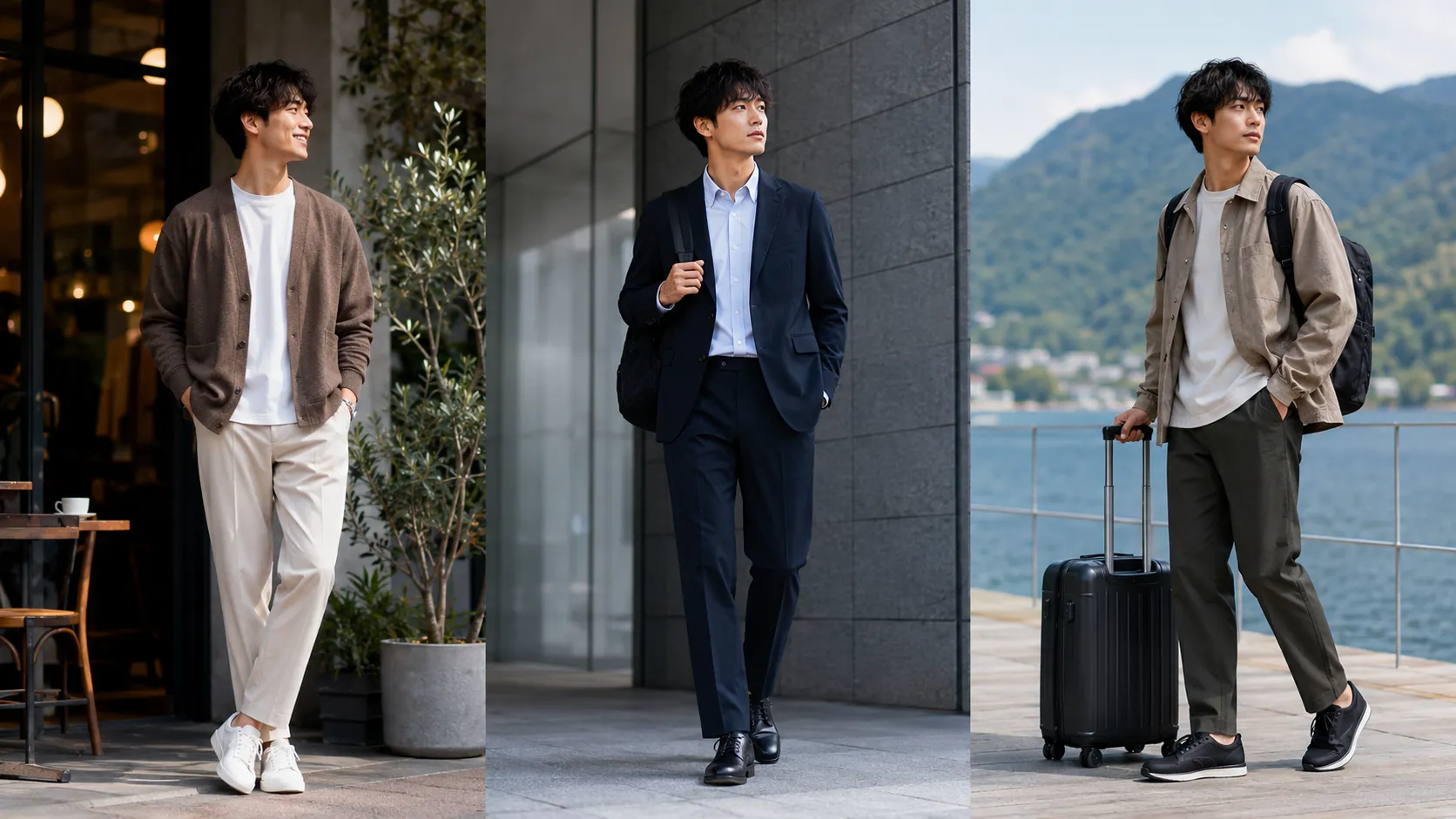 デート、通勤、旅行のTPOに合わせたメンズ全身コーデを比較する日本人男性
