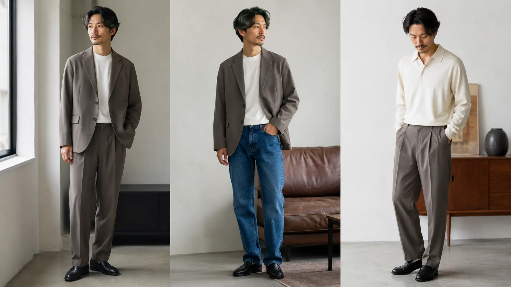 ブラウン系セットアップを上下で着用し、ジャケットとデニム、パンツとニットへ着回したメンズコーデ