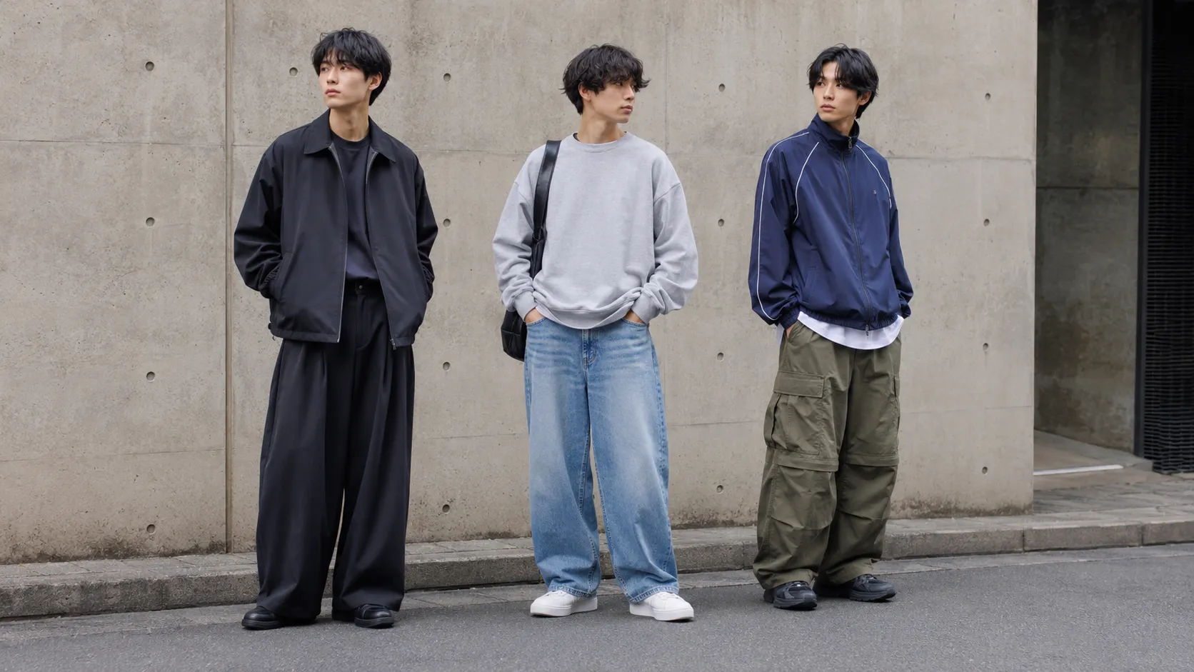 異なるテイストのストリート系コーデを着用した日本人男性3人の比較