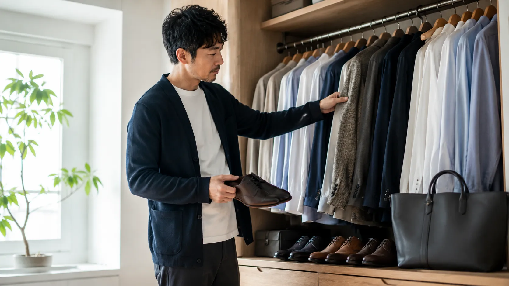 クローゼットの服を整理し靴やバッグの状態も確認する日本人男性