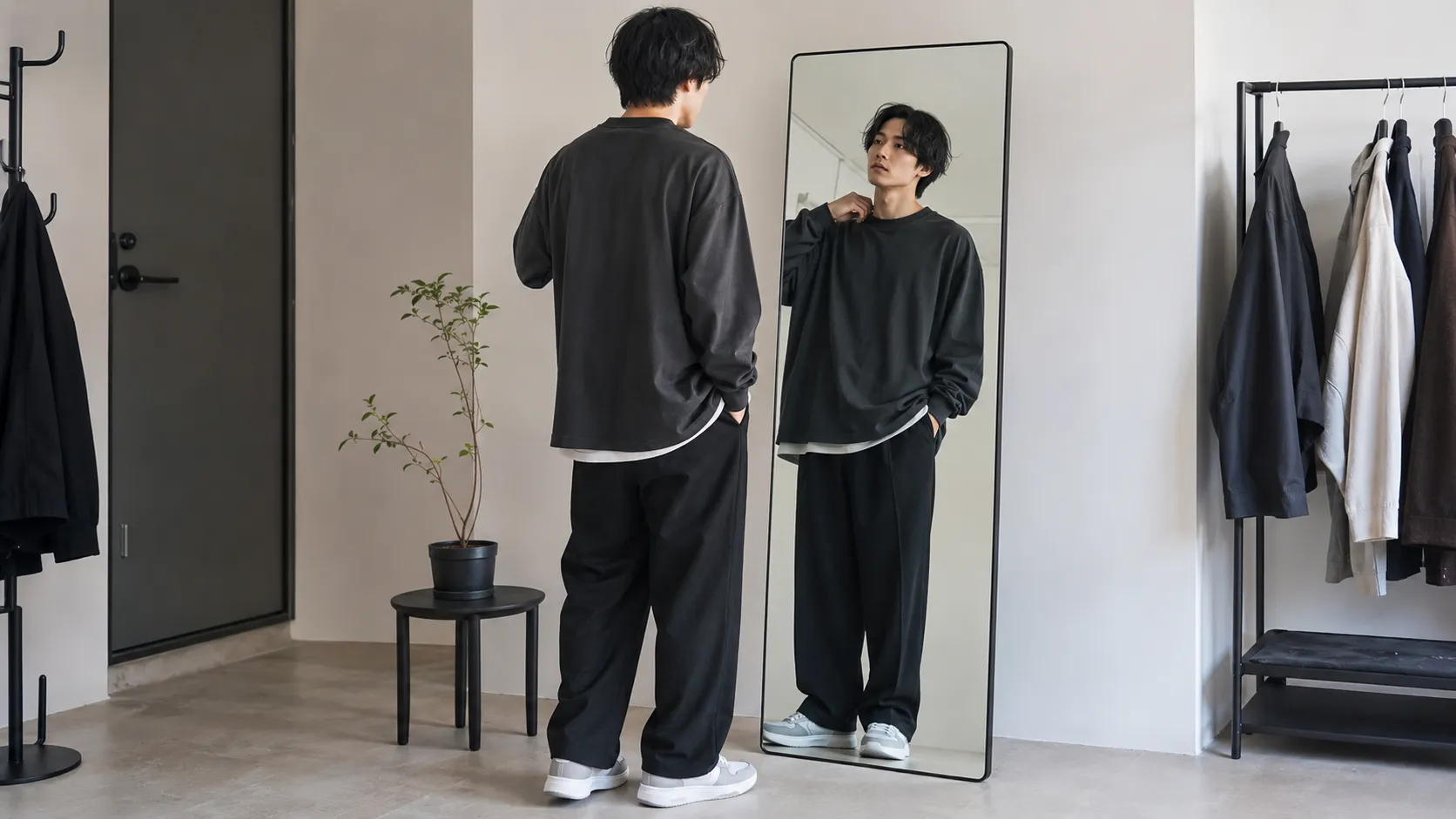 鏡の前でオーバーサイズコーデの丈とシルエットを確認する日本人男性