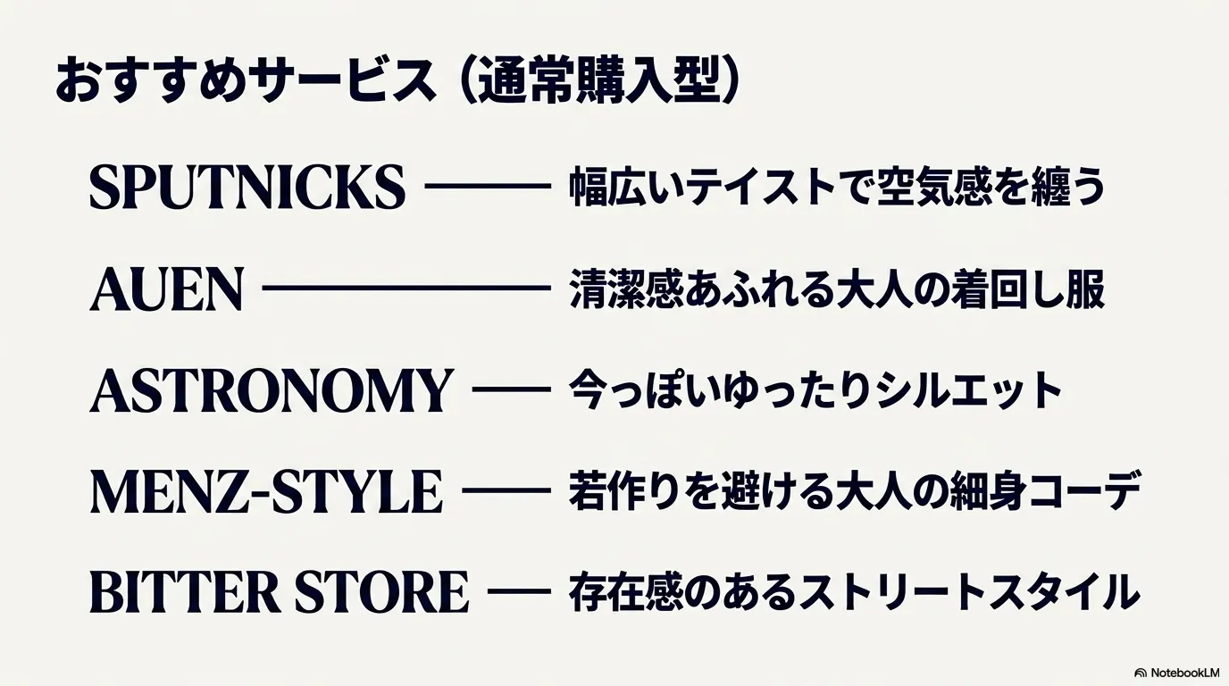 SPUTNICKS、AUEN、ASTRONOMY、MENZ-STYLE、BITTER STOREの特徴一覧