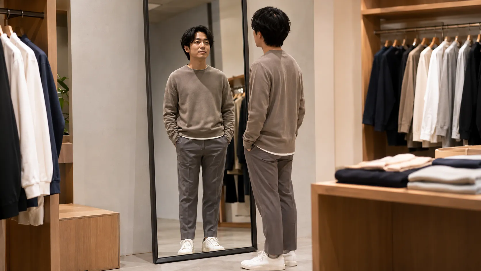 低身長の日本人男性が、着丈を抑えたトップスと裾がたまらないパンツの同系色コーデを鏡で確認している様子