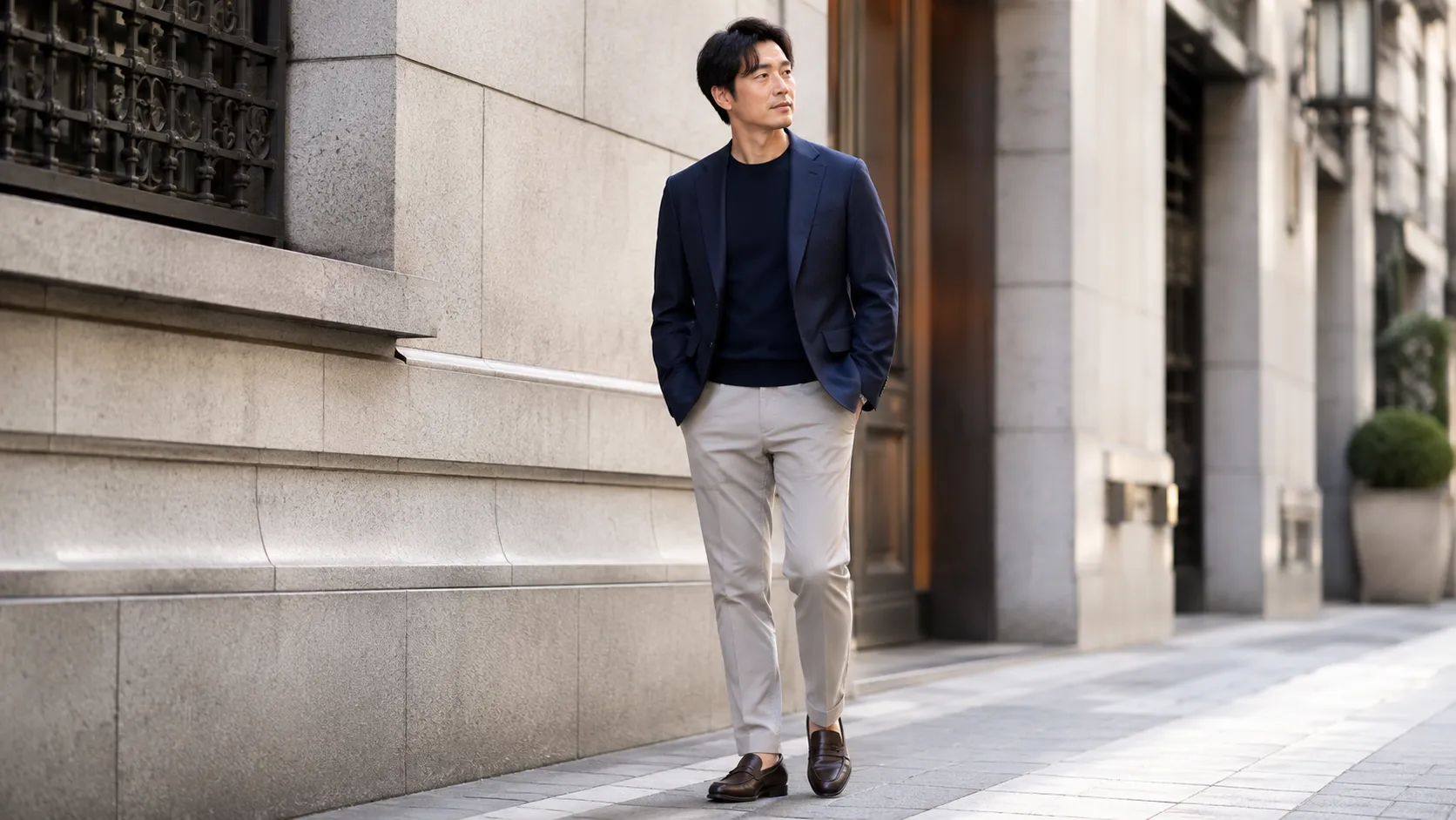 ネイビージャケットとベージュパンツを着用した日本人男性の、30代向け大人きれいめマネキン買いコーデ