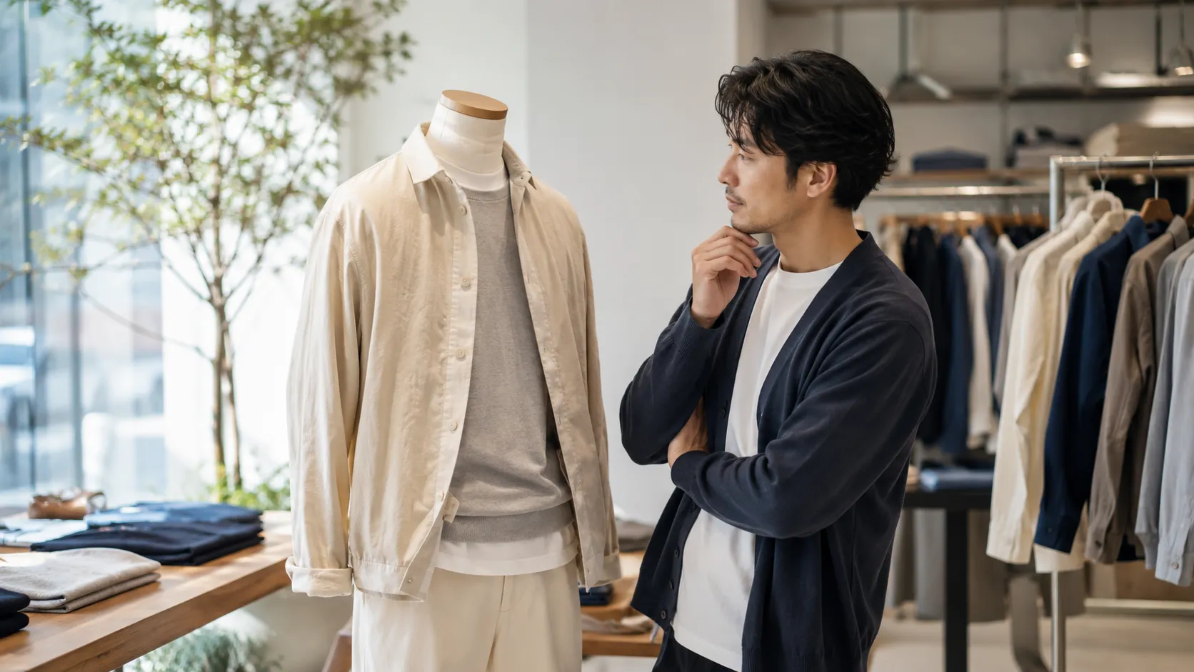 白やベージュのシャツと薄手トップスを重ねた春のマネキン買いコーデを確認する日本人男性