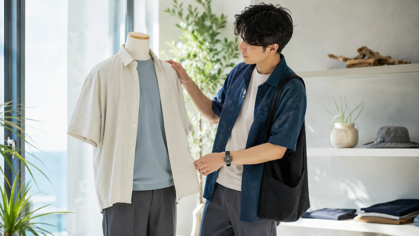 半袖シャツとTシャツに腕時計やバッグを合わせた夏のマネキン買いコーデを選ぶ日本人男性
