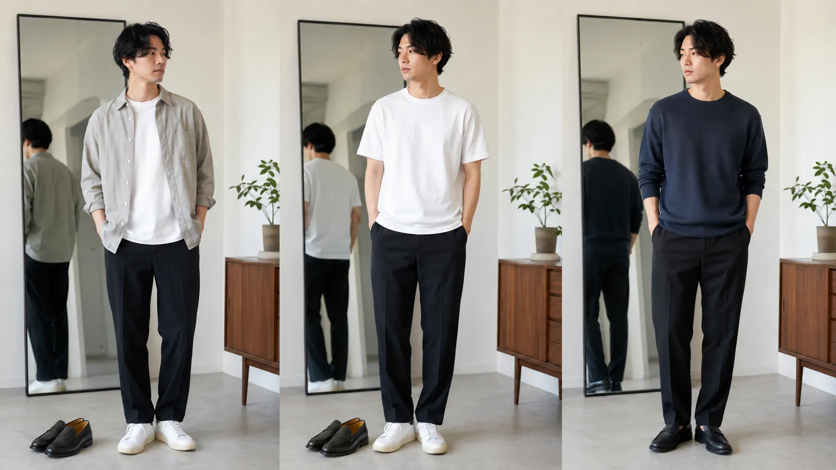 白Tシャツと黒パンツを基本に、シャツやニット、スニーカーとローファーを入れ替えたメンズ着回し例