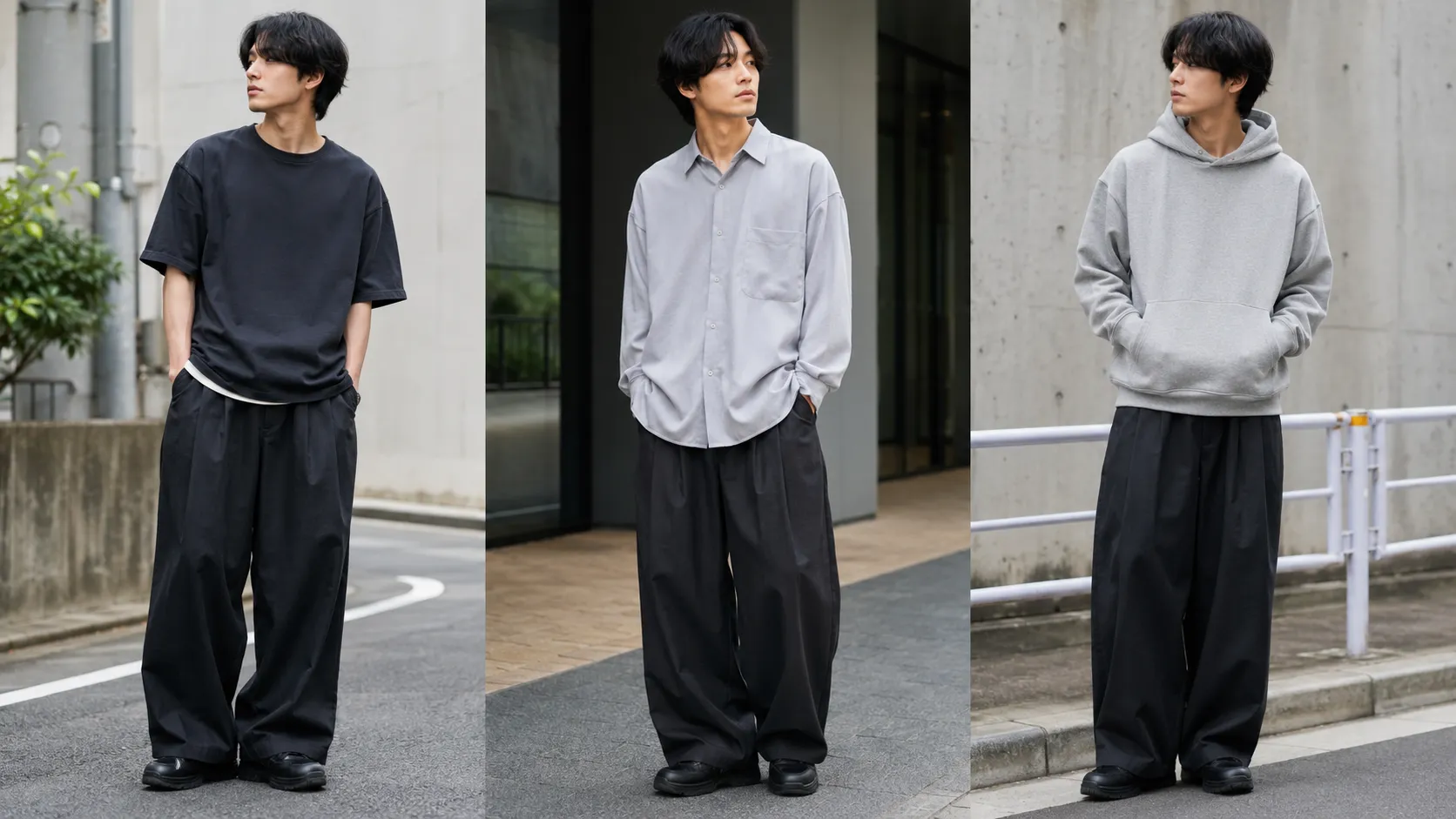 黒のワイドパンツを固定し、Tシャツ、シャツ、パーカーを合わせたメンズストリートコーデ