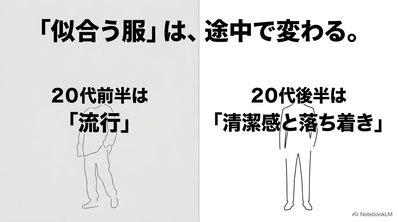 20代前半は流行、20代後半は清潔感と落ち着きへ似合う服が変わることを示すイラスト
