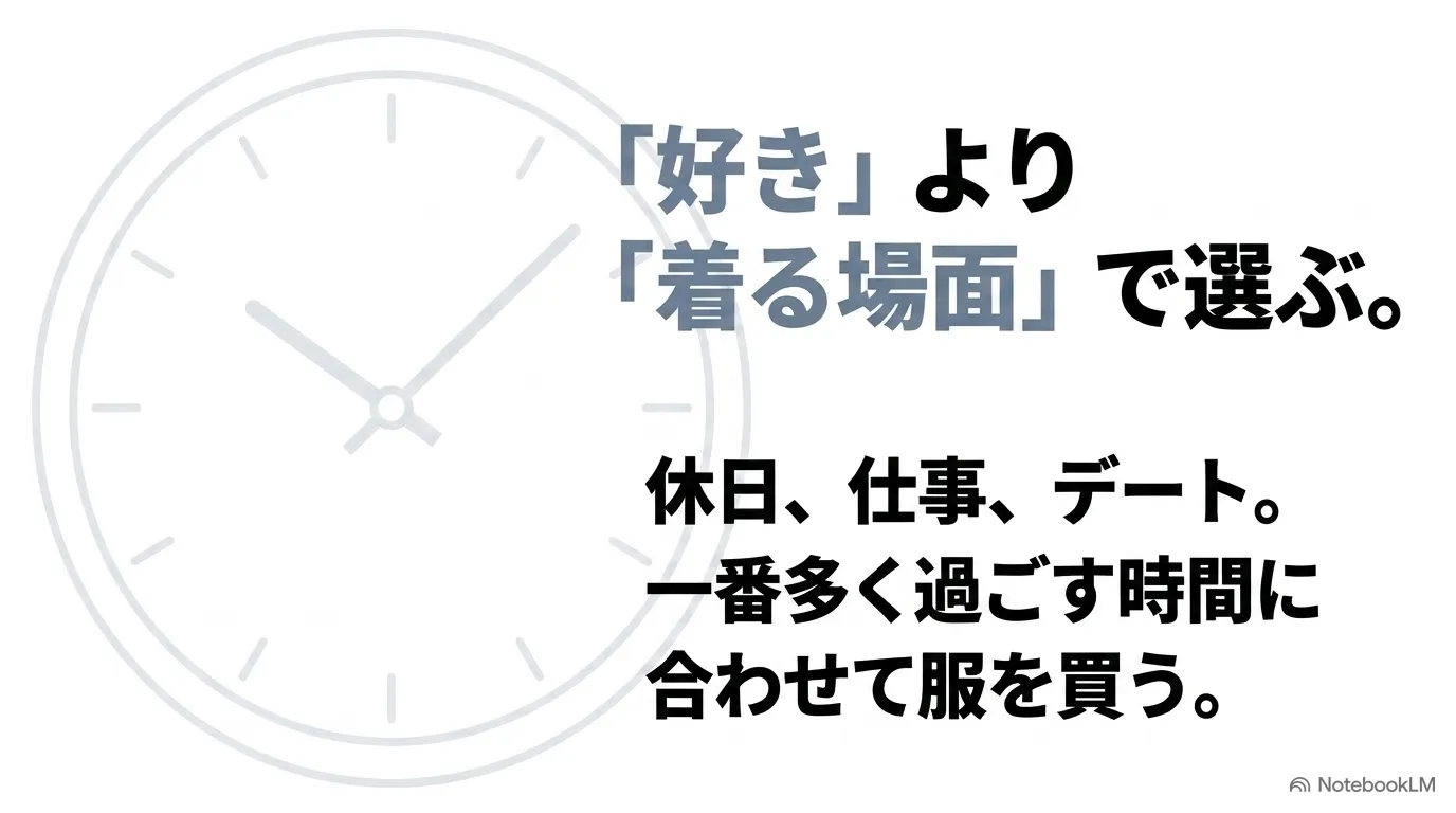 休日、仕事、デートなど一番多く過ごす時間に合わせて服を選ぶことを促すテキスト