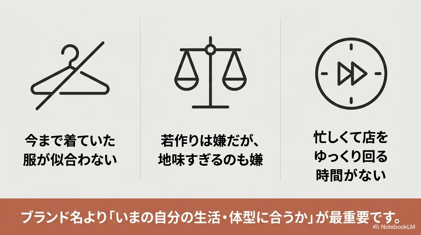 今まで着ていた服が似合わない、若作りは嫌だが地味すぎるのも嫌など、40代男性の服選びによくある悩み