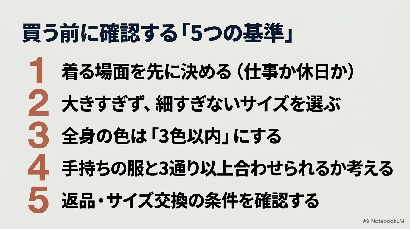 着る場面を先に決める、サイズを選ぶ、色は3色以内、手持ち服との相性、返品条件など、服を買う前の5つの基準