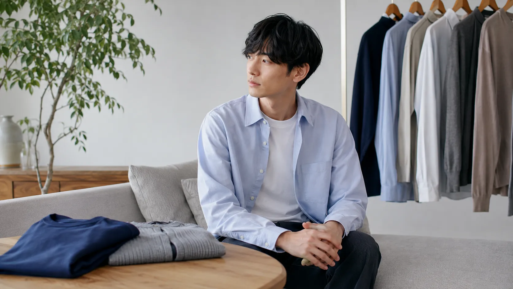 サックスブルーシャツを羽織った20代男性のきれいめカジュアルコーデ