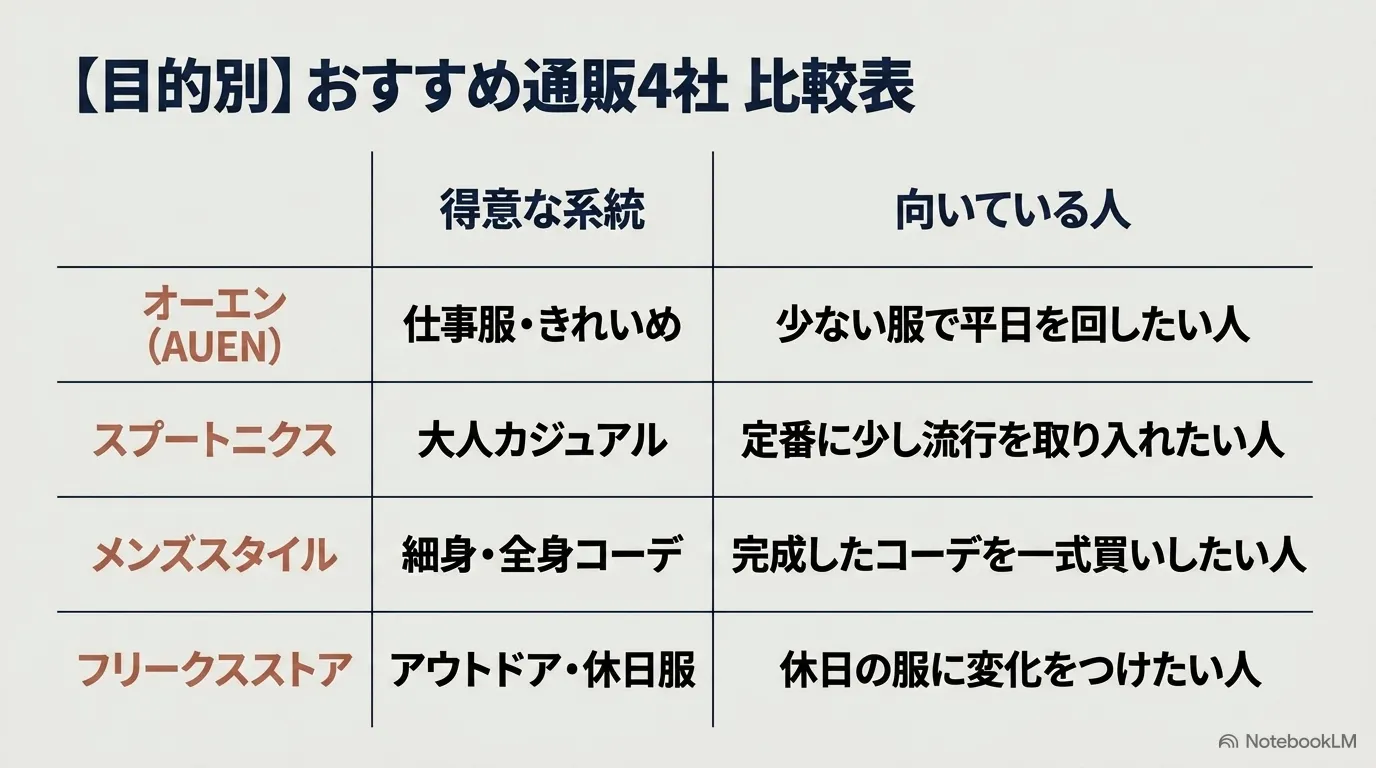 オーエン、スプートニクス、メンズスタイル、フリークスストアの特徴と向いている人をまとめたおすすめ通販4社の比較表