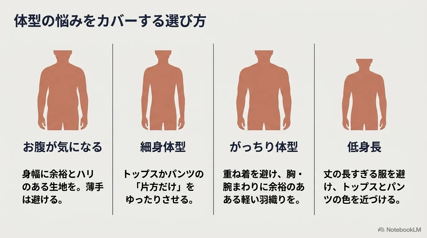 お腹が気になる、細身体型、がっちり体型、低身長など、それぞれの体型の悩みをカバーする服の選び方