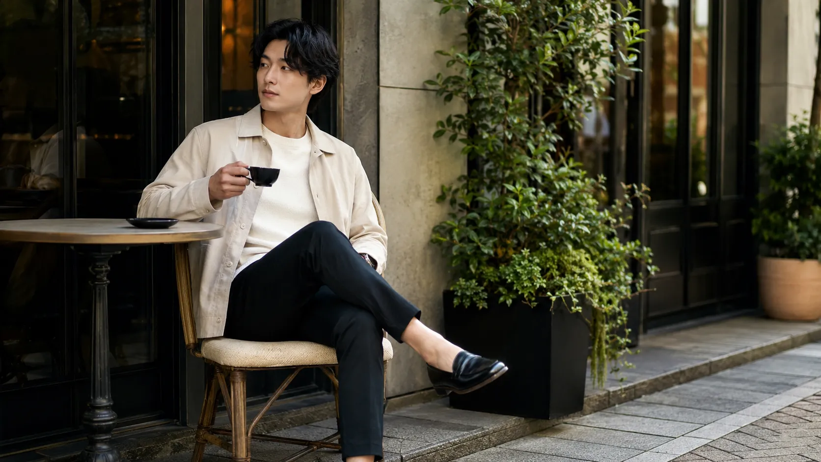 ベージュのシャツと黒パンツを着た20代日本人男性の清潔感があるデート向けメンズコーデ