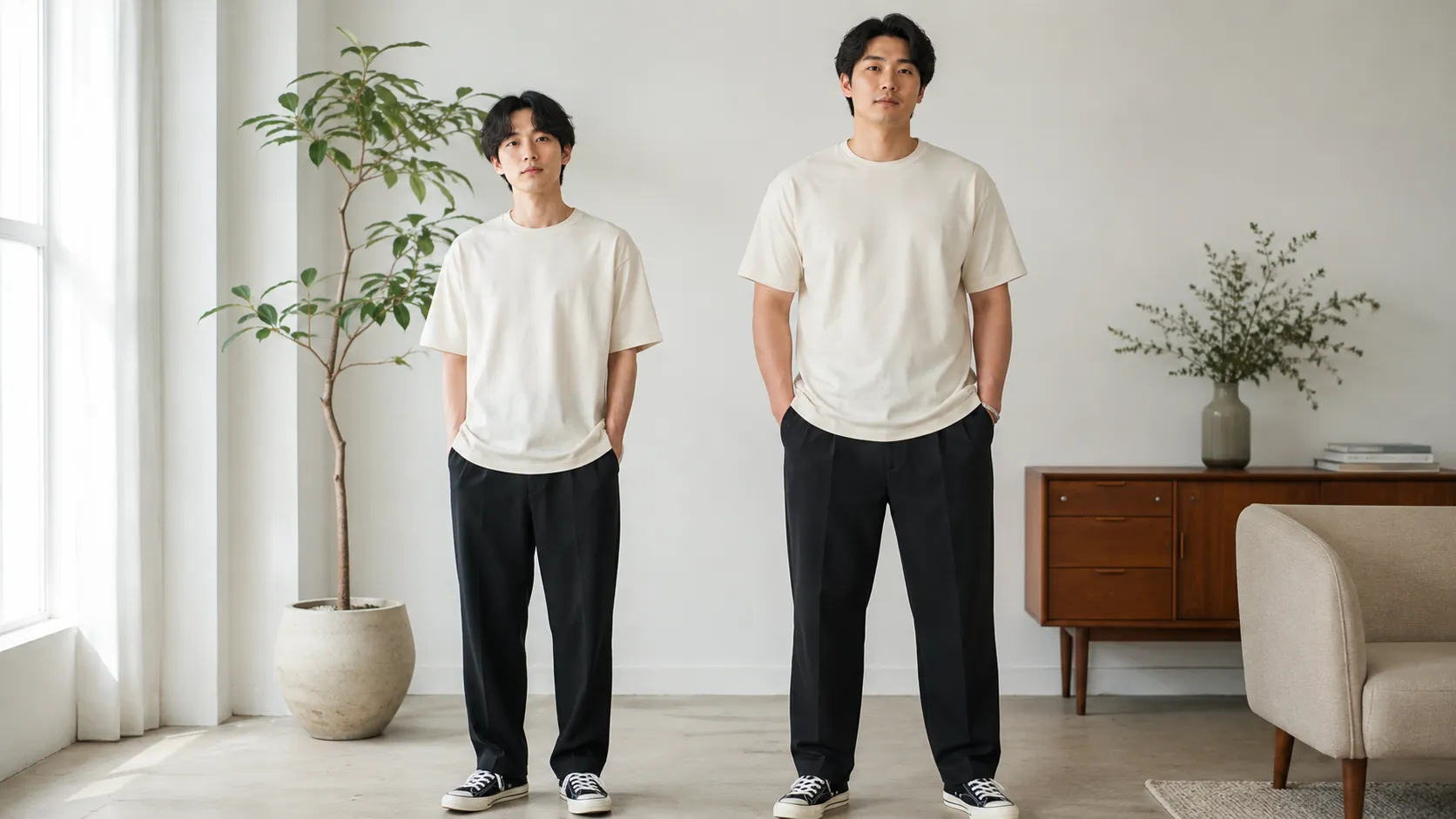 体型の違いによるメンズ服のサイズ感を比較する20代男性