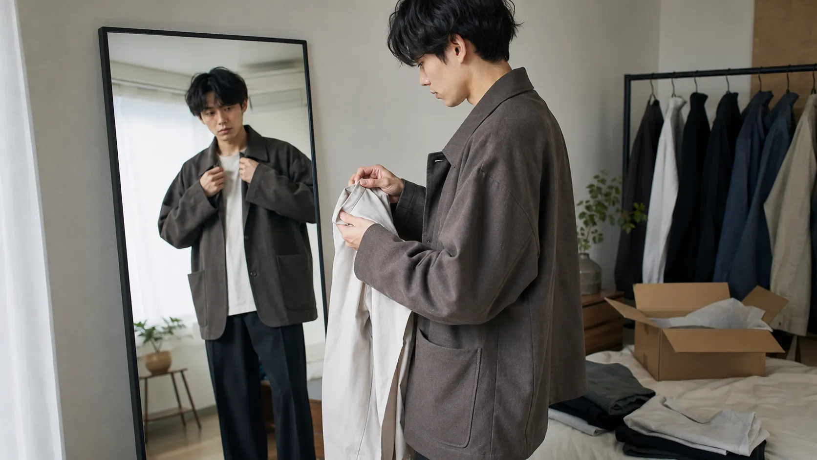 メンズ服のサイズ感と縫製状態を確認する20代日本人男性