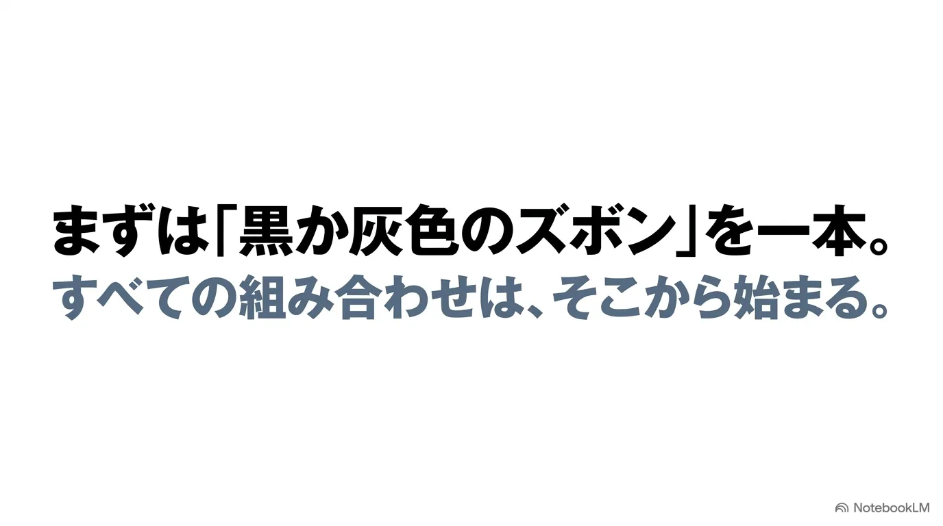 服選びの基礎としてすべての組み合わせの土台となる黒か灰色のズボンを一本揃えることを推奨するテキスト