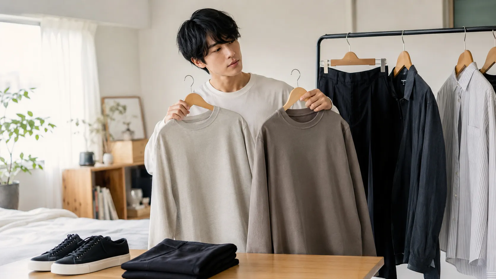 20代の日本人男性が無地のトップスを比較し、黒パンツやスニーカーと合わせる初心者向けメンズ服選び