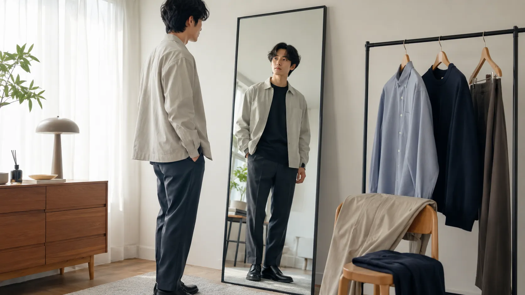 予算2万円前後で着回せる完成コーデを確認する20代日本人男性