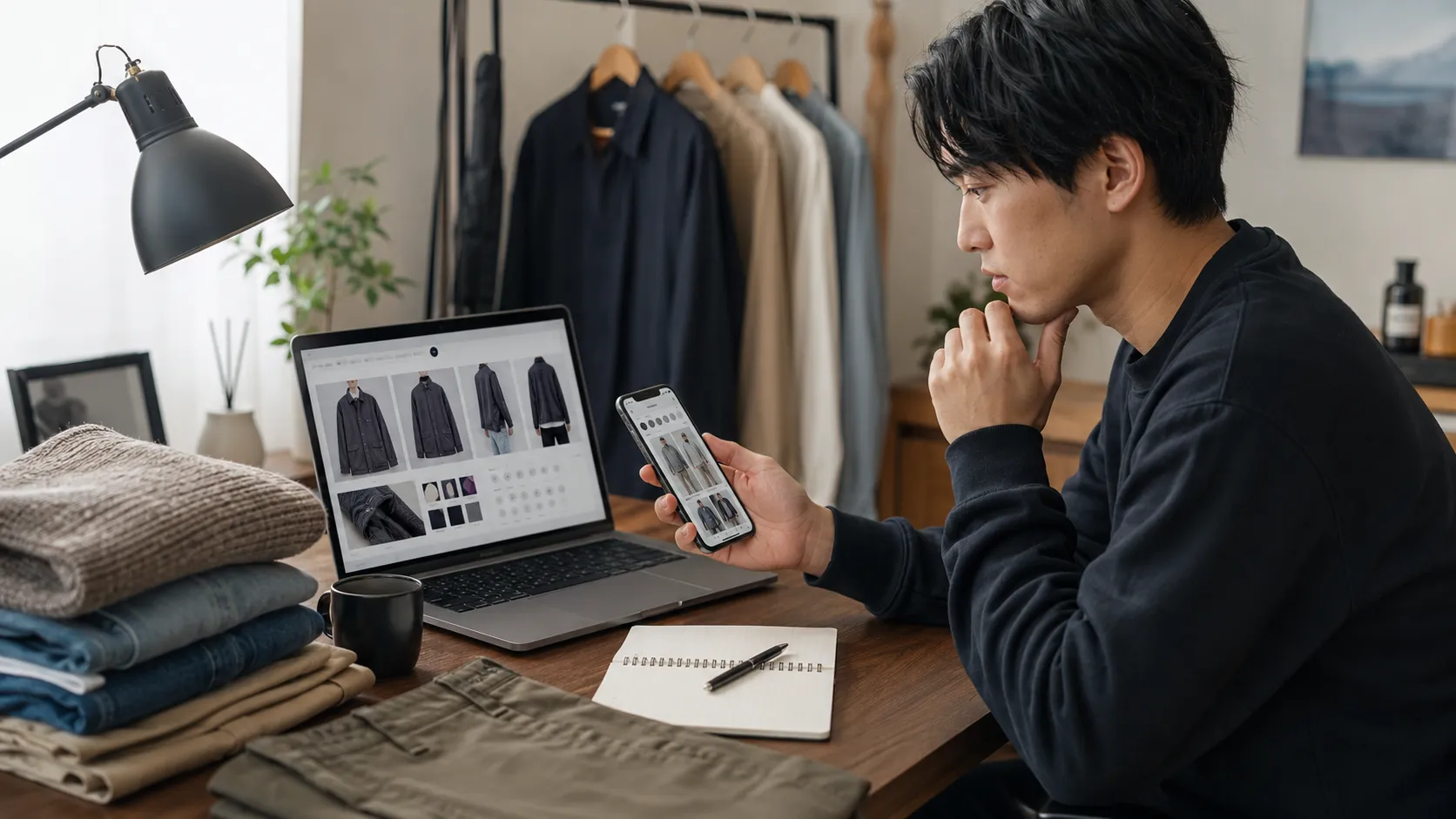 通販サイトのメンズ服と口コミを比較する20代日本人男性