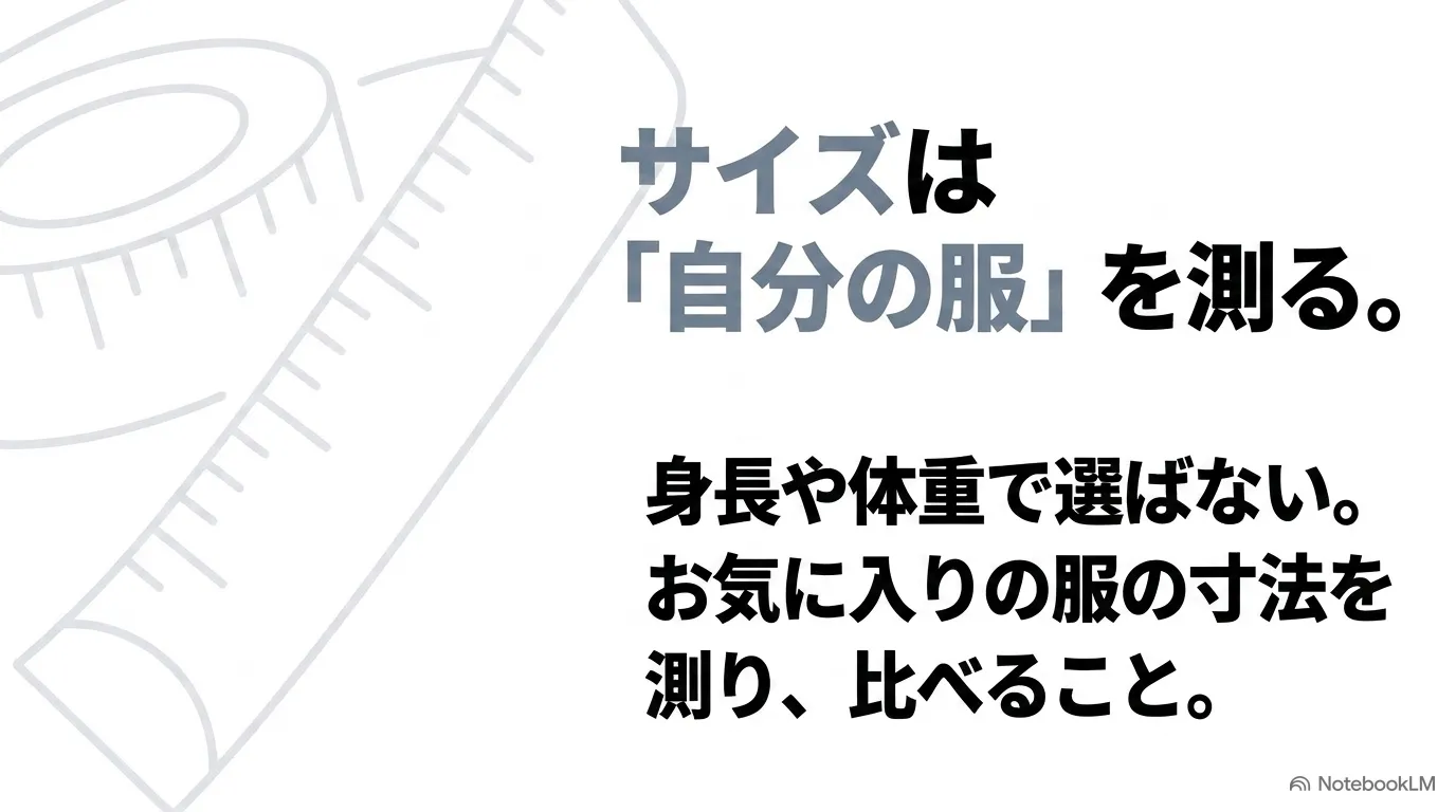 通販で失敗しないために身長や体重ではなく自分のお気に入りの服の寸法を測ることを推奨するイラスト