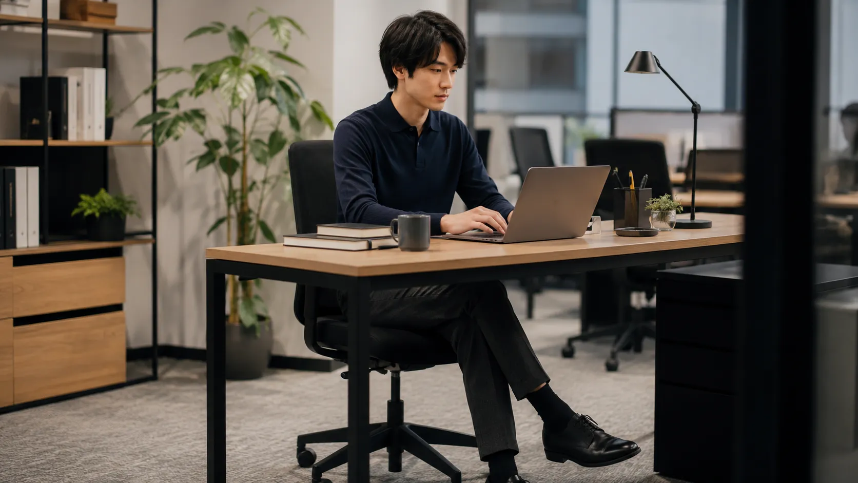 内勤の職場で清潔感のあるオフィスカジュアルを着た20代日本人男性