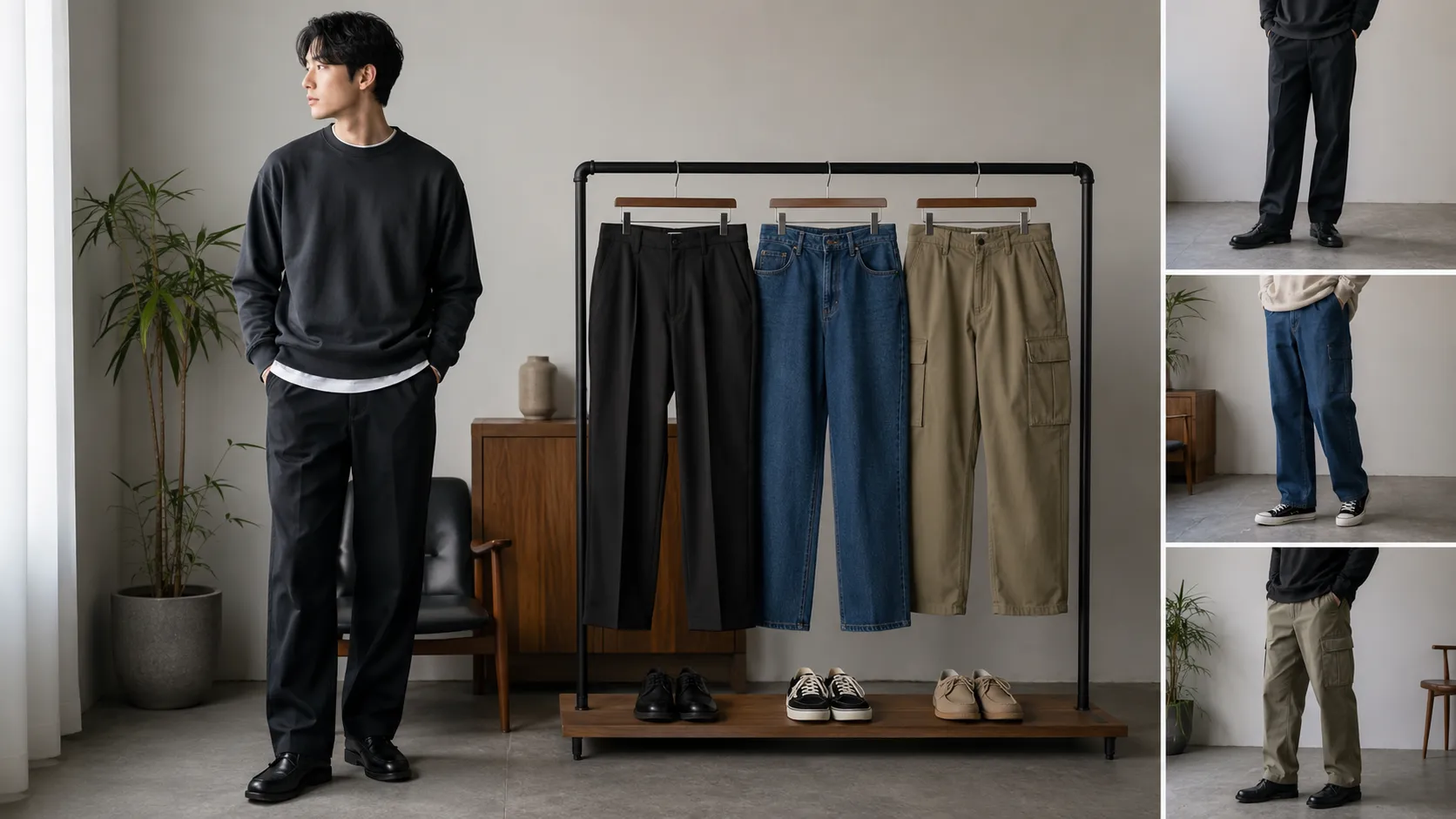 スラックスとデニムとカーゴパンツを比較する20代メンズコーデ