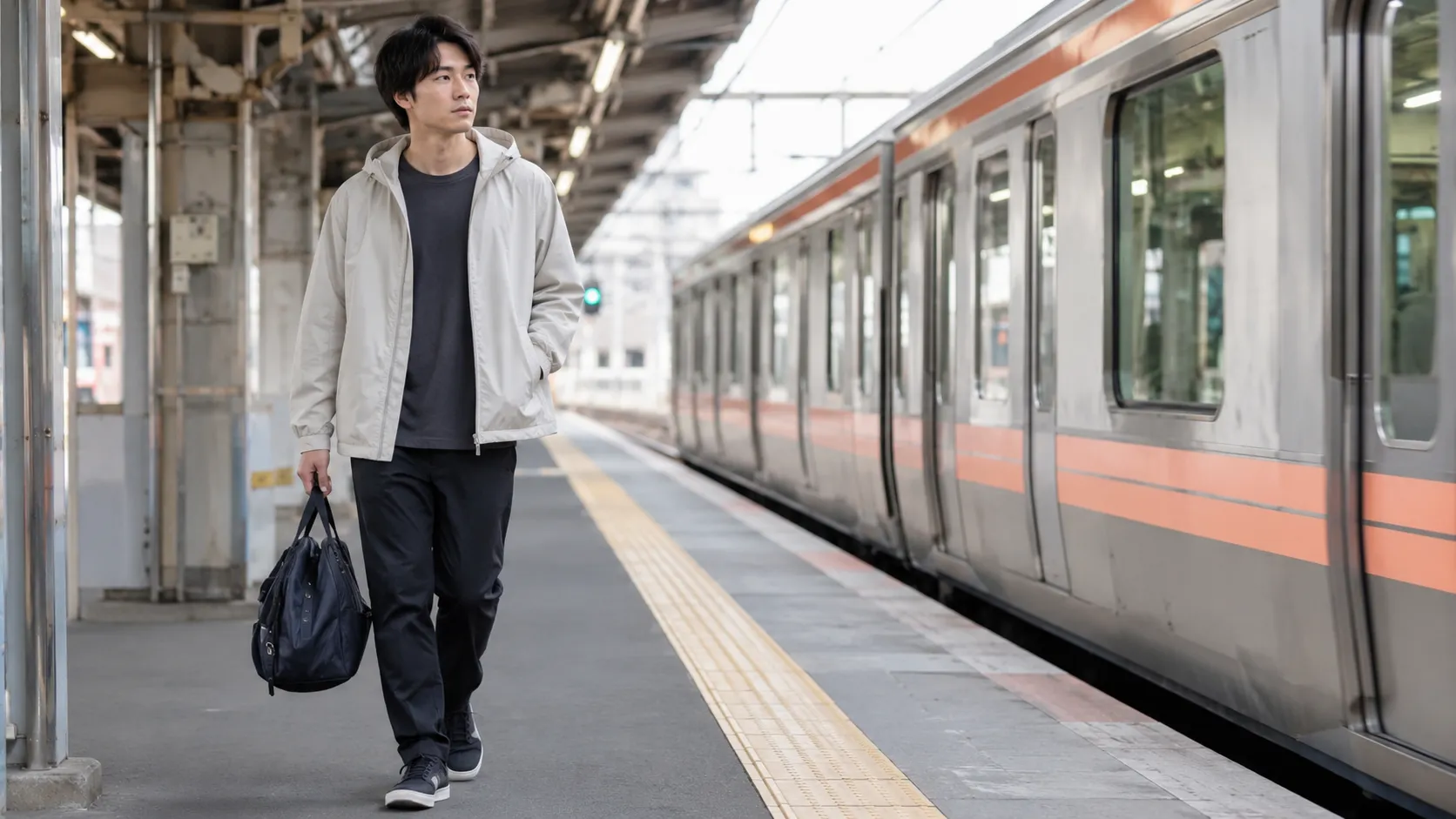旅行や帰省で動きやすい服装をした20代日本人男性の駅ホームコーデ
