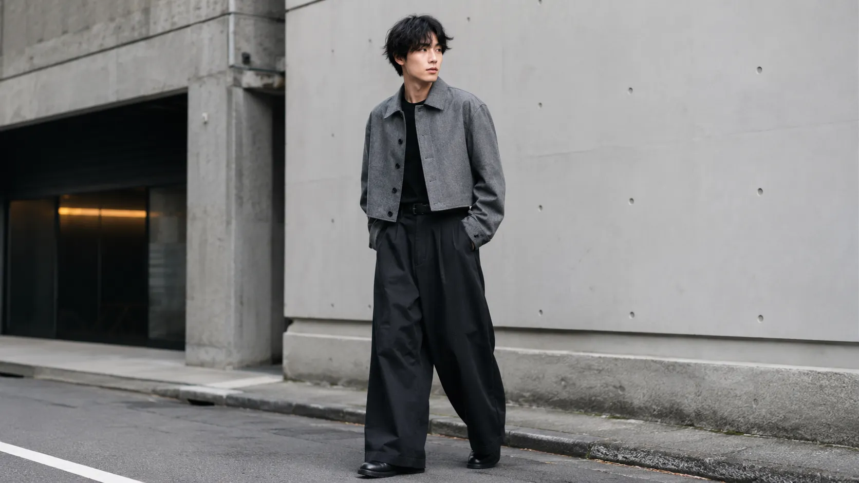 短丈ジャケットとワイドパンツを合わせた20代日本人男性のモノトーン系トレンドコーデ